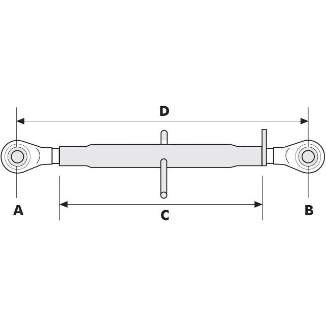 Technical drawing of the Top Link Heavy Duty (Cat.2/2), Ball and Ball, 1 1/4'', Min. Length: 530mm., by Sparex (S.4107) mechanical linkage with labeled dimensions A, B, C, and D indicating measurements from end to end in a horizontal orientation.