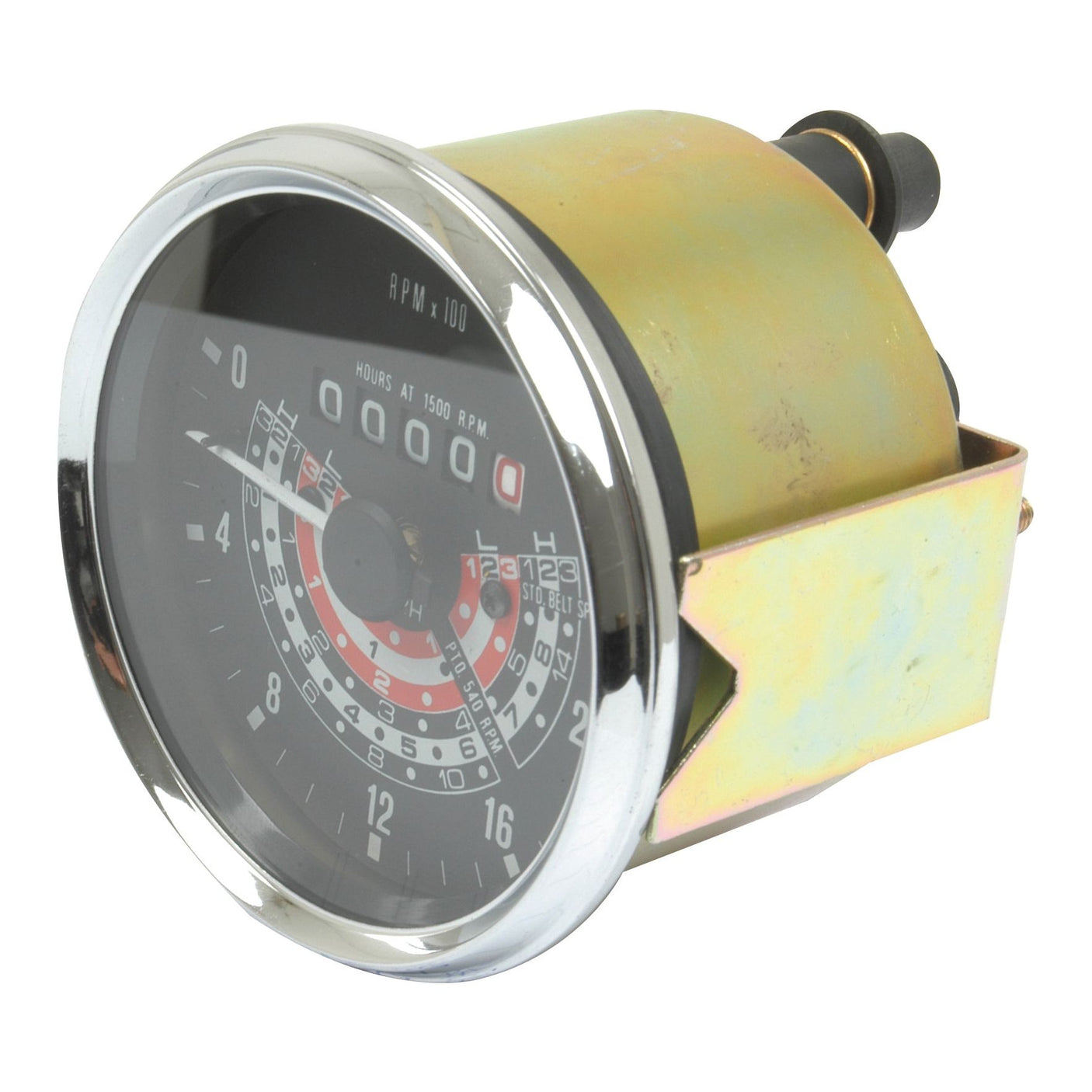 The Tractormeter (MPH) | Sparex Part No. S.41082, is a round, metallic analog hour meter featuring a black dial with RPM indicators. It is housed in a brushed metal casing with a glass front, ensuring precise measurement and durability. This high-quality Sparex product is compatible for use with Massey Ferguson tractors equipped with Tacho Drive.