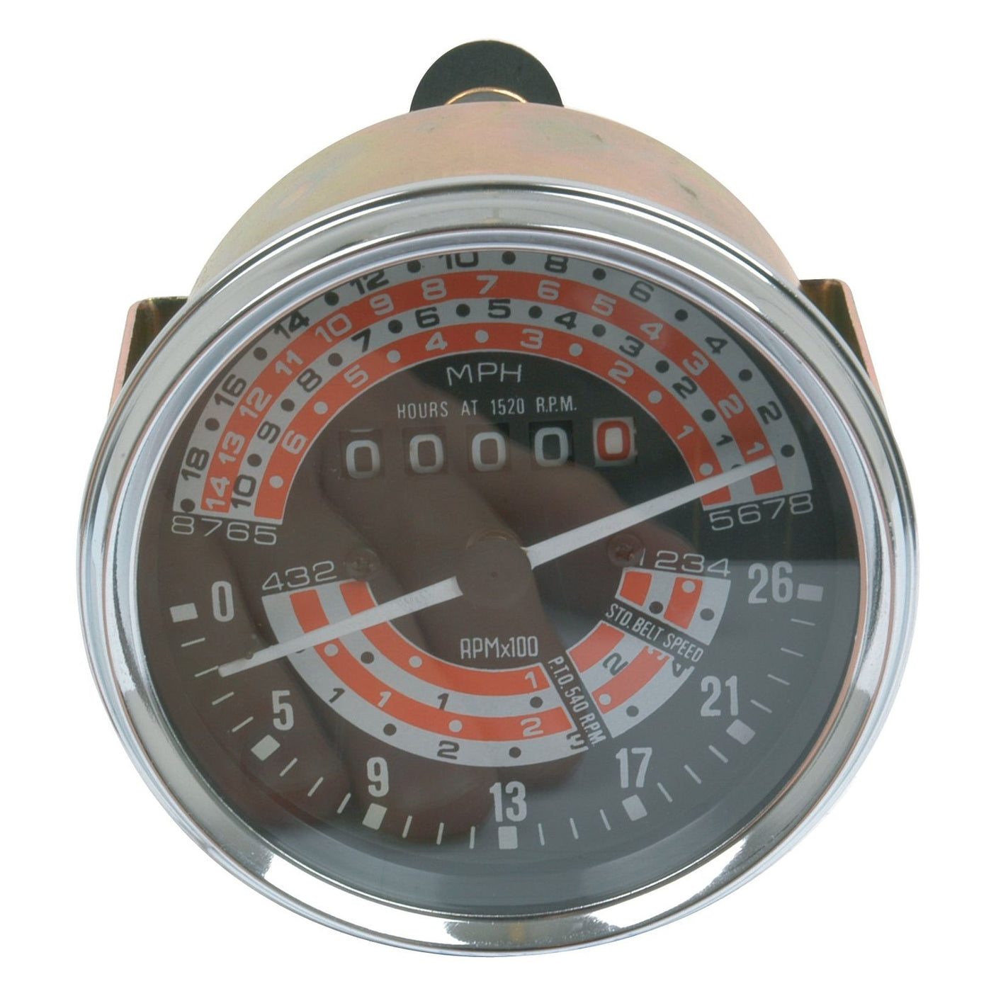 A detailed view of the Tachometer (MPH) | Sparex Part No.S.41084 showcases its black dial marked in red, white, and grey, displaying speeds in miles per hour (MPH), and adorned with various numerical indicators framed by a metallic border. Ideal for antique tractors such as Massey Ferguson, this 78mm gauge exemplifies precision engineering. From the reputable Sparex brand.