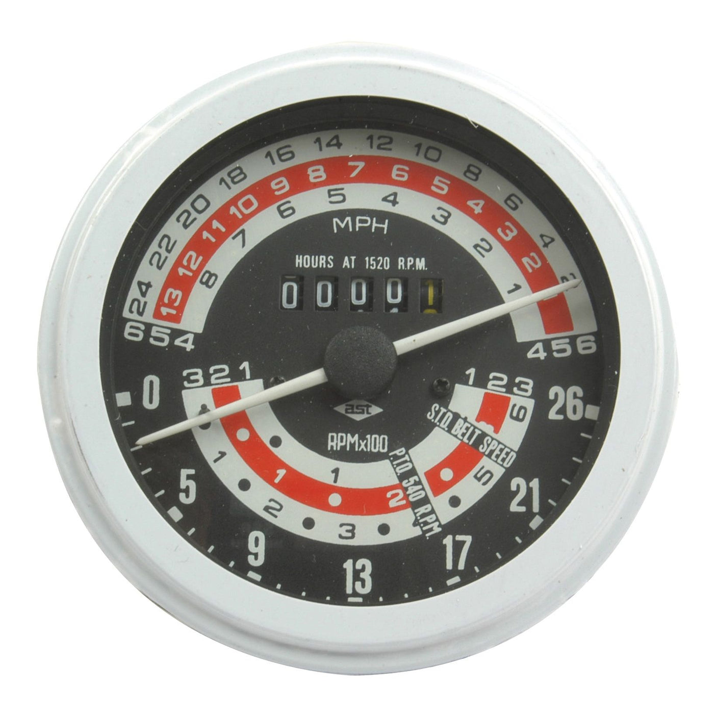 The Sparex Tractormeter (MPH) | Sparex Part No.S.41085 is a round analog gauge displaying speed in MPH and RPM, featuring a small digital hour meter and various numeric scales in black, white, and red around the face. It is ideal as a tractor part for models like the Massey Ferguson 135.