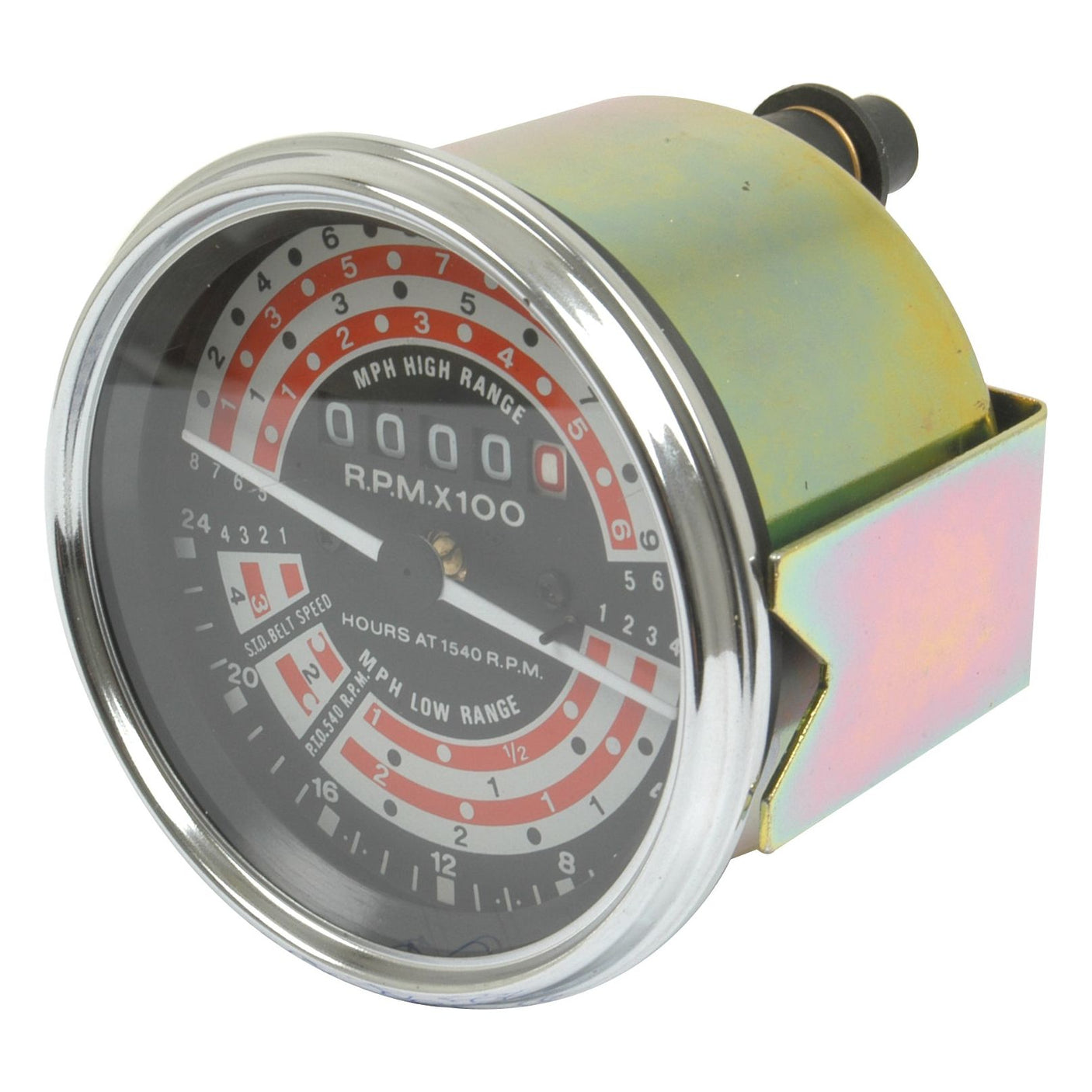 The Sparex Tractormeter (MPH) with part number S.41087 features a metallic body, a black dial, and red and white markings to indicate high and low ranges of revolutions per minute, making it an ideal mechanical RPM gauge for Massey Ferguson tractors.