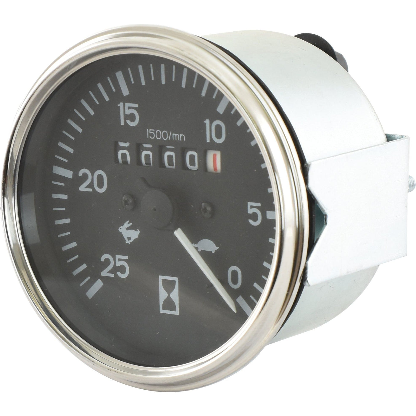 The Sparex Tachometer (KPH) | Sparex Part No. S.41089, features a black and silver design with a 0-25 range and symbols indicating different operating zones, making it ideal for Massey Ferguson or Landini equipment.