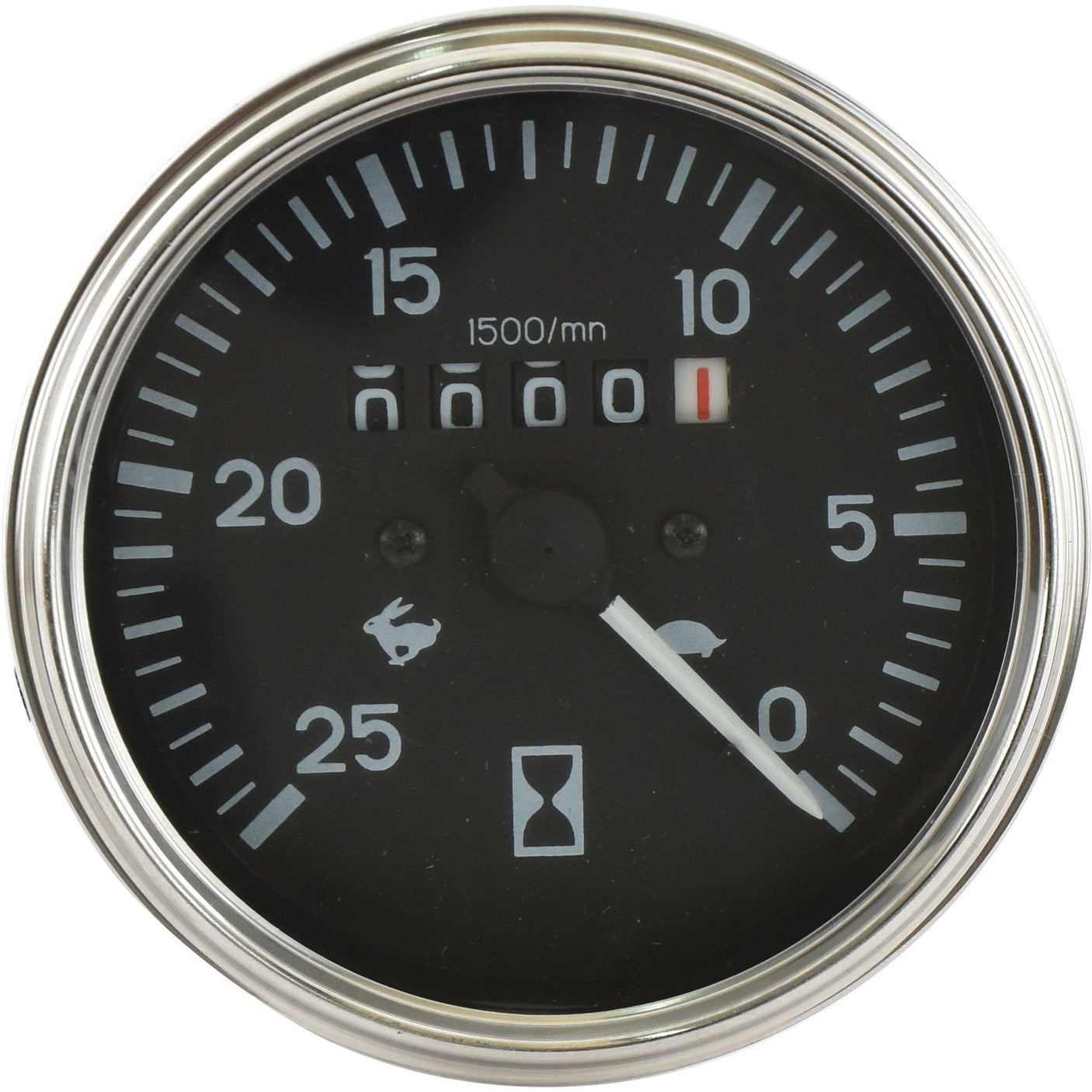 The Sparex Tachometer (KPH), Part No. S.41089, is a round mechanical device with a black face that displays measurements up to 25 and has markings at 1500/rpm. A white needle rests at 0, and an hourglass icon is featured at the bottom center. This tachometer is ideal for enhancing the precision of your Landini or Massey Ferguson machinery.