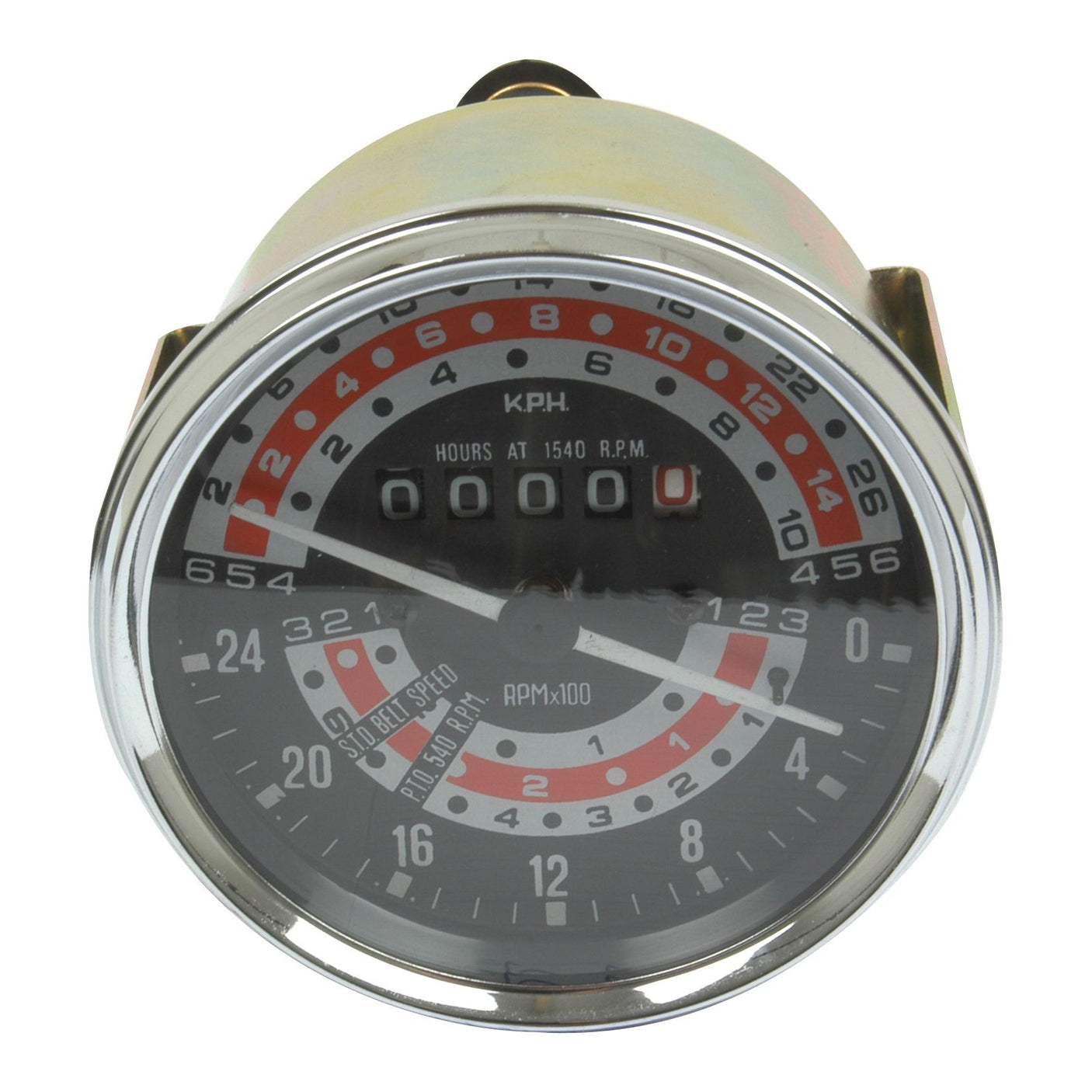 The Tractormeter (KPH), Sparex Part No. S.41090, is a round vintage-style speedometer perfect for your Massey Ferguson. It displays speeds in kilometers per hour and features an odometer and hour meter with red and black markings on its face. The unit also includes convenient screw terminals for easy installation.