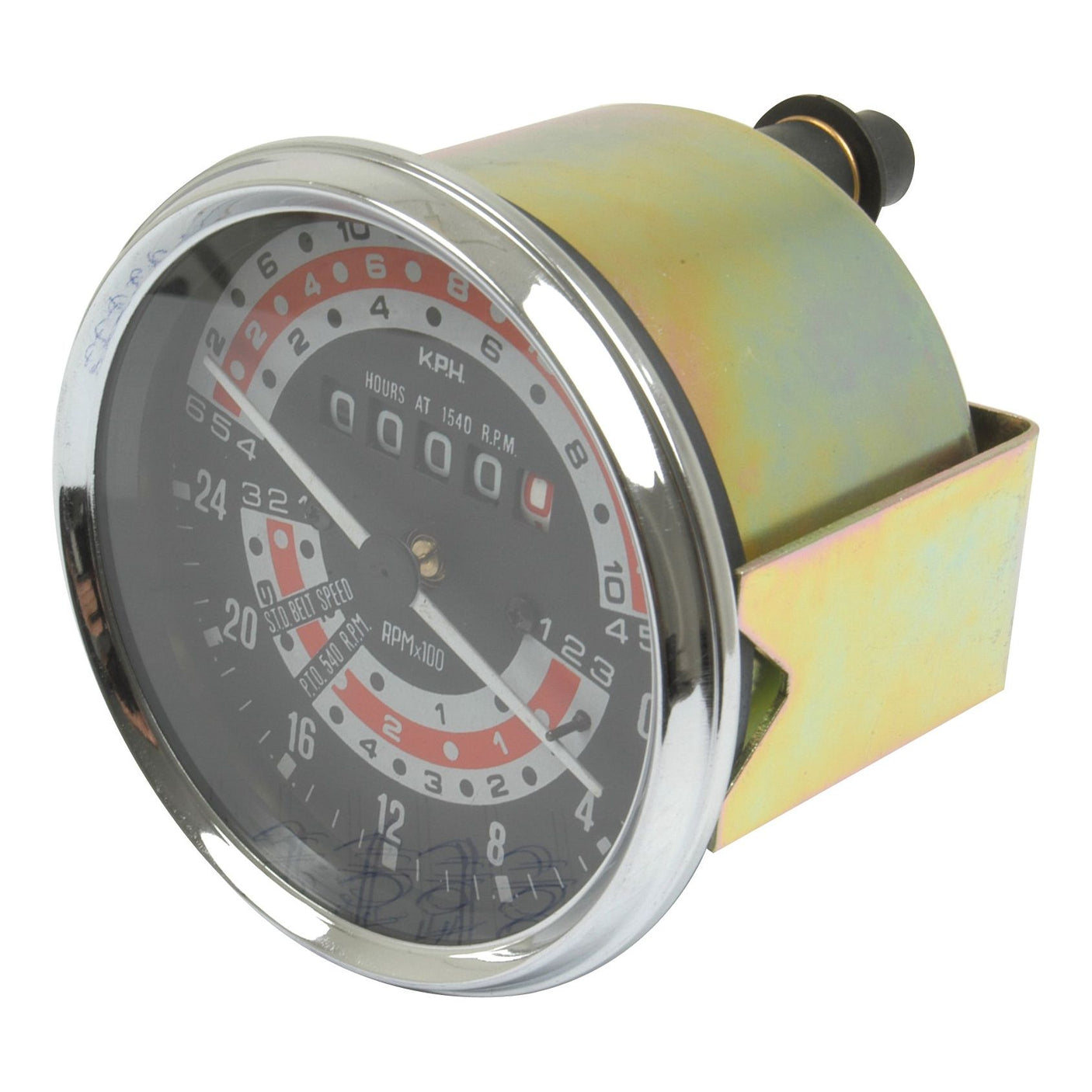 The Tractormeter (KPH) from Sparex, Part No. S.41090, is a round analog tachometer with a retro speedometer design that displays both RPM and KPH readings. It features a metallic casing and screw terminals for easy installation.