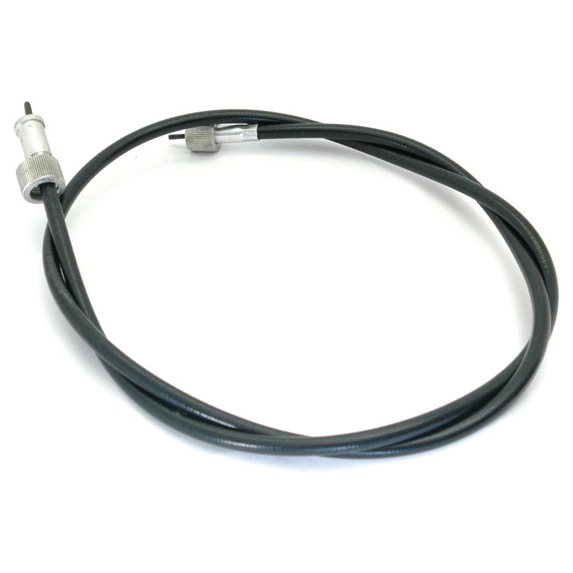 A coiled black drive cable with metal connectors at both ends, suitable for Massey Ferguson tractors and compatible with Sparex parts. Product Name: Drive Cable - Length: 1251mm, Outer cable length: 1211mm. | Sparex Part No.S.41091.