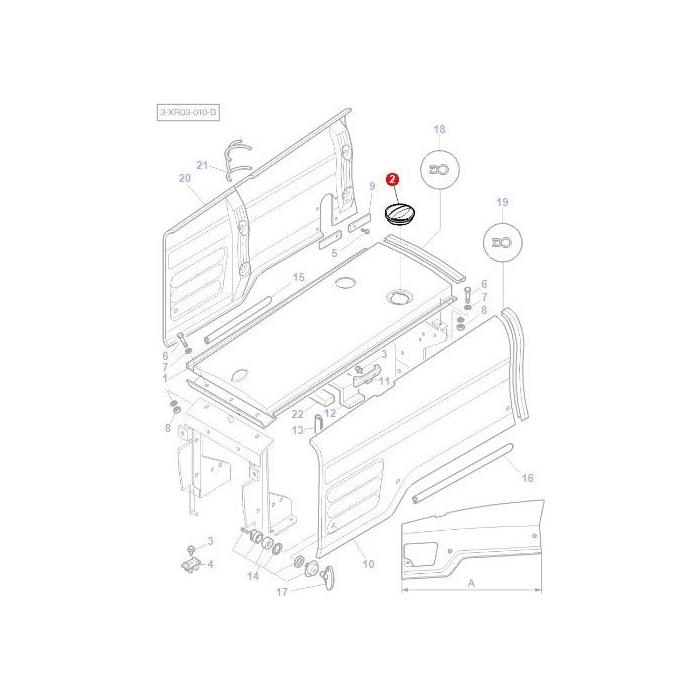 Diagram of vehicle door components, with various parts numbered like those in AGCO Massey Ferguson tractors. A highlighted circle marks one specific component near the top, similar to the Massey Ferguson - Cover - 3800373M1.