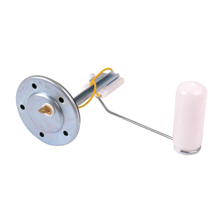 A metallic fuel sender unit with a circular mounting plate, attached wires, and a float arm featuring a cylindrical white float. Designed for 12V systems, the Sparex Fuel Sender Unit (Part No. S.41100) is compatible with Massey Ferguson tractors.