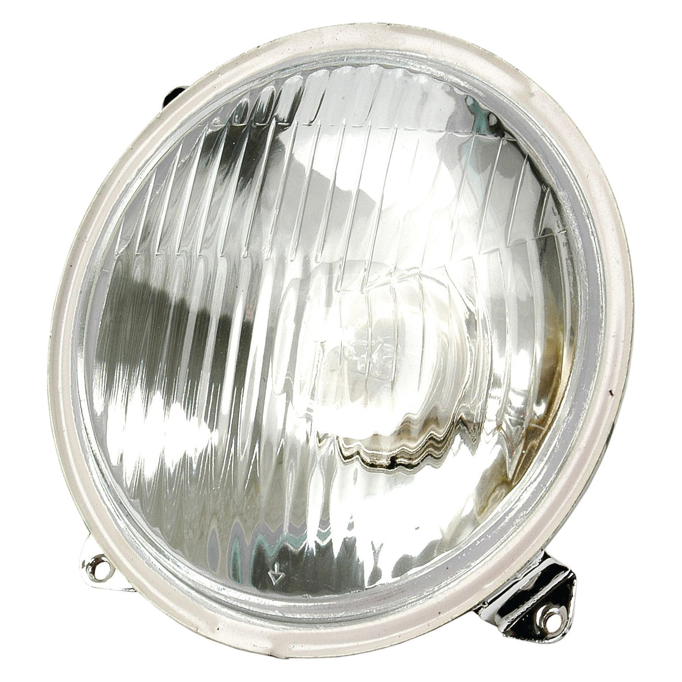 Close-up of a round car headlight with a ribbed glass lens and a metallic reflective interior, mounted in a white frame. This Sparex Head Light (Halogen), LH, LH Dip, 12V - S.41109 ensures reliable performance for your vehicle.