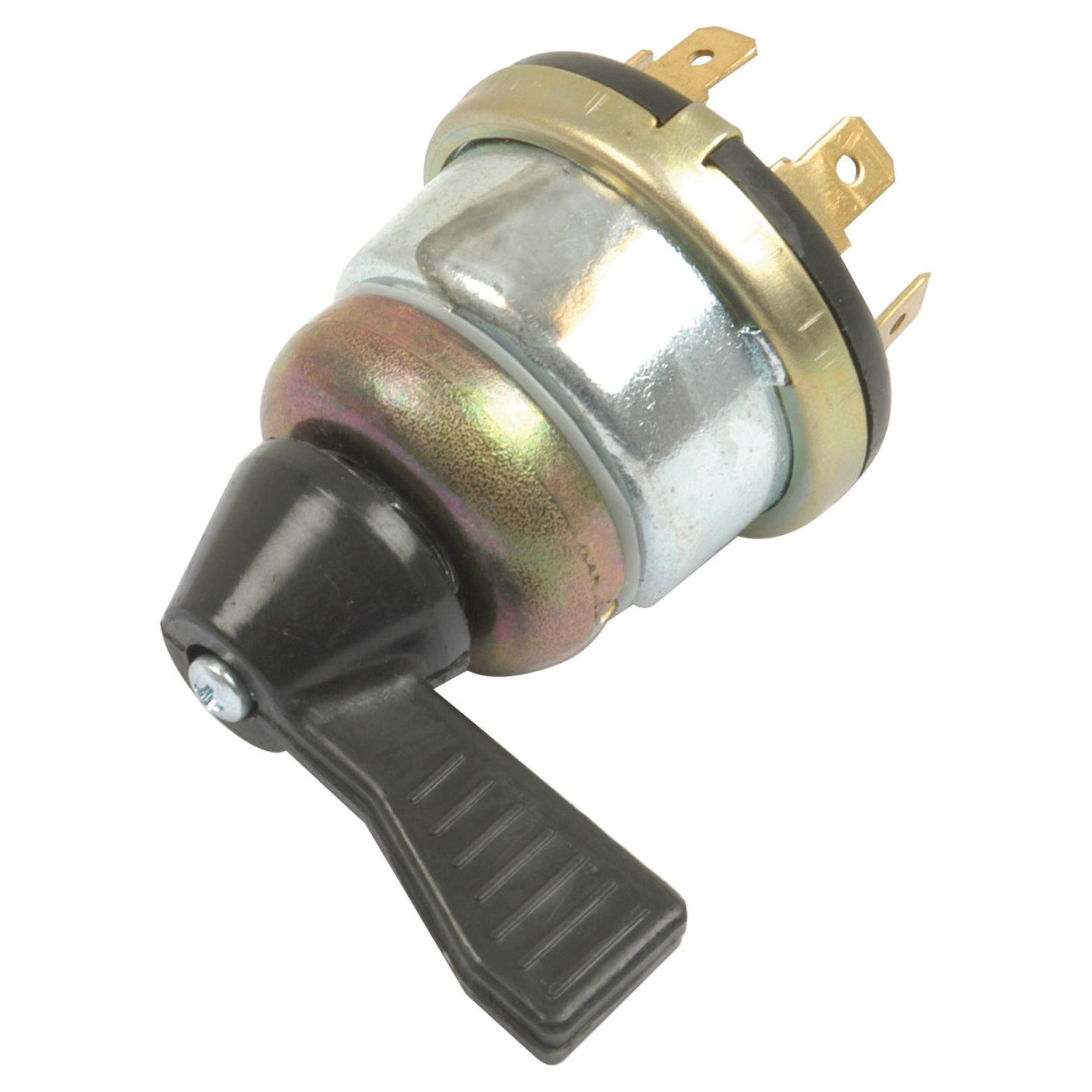 The Indicator Switch (Sparex Part No. S.41121) by Sparex is a metal toggle switch with a cylindrical body, four brass terminals, and a black plastic lever handle, ideal for Massey Ferguson machinery.