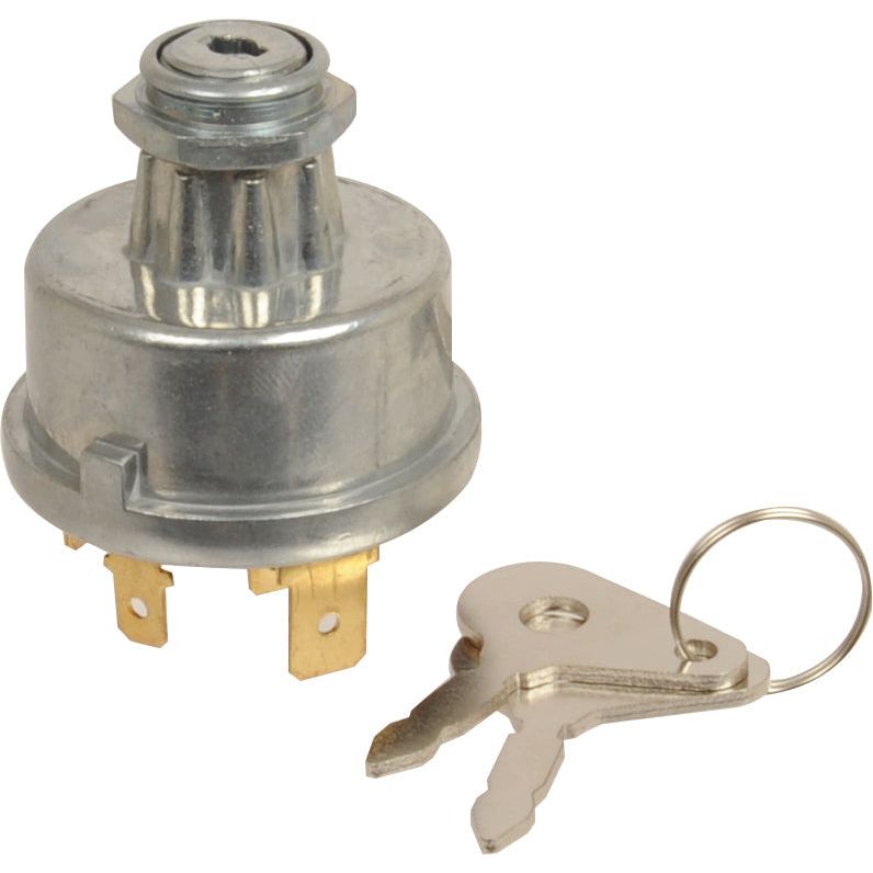 Introducing the Sparex Ignition Switch (Part No. S.41123), a metallic ignition switch with three terminals, perfect for use with Sparex alternators. It also comes with a set of two keys attached to a small keyring.