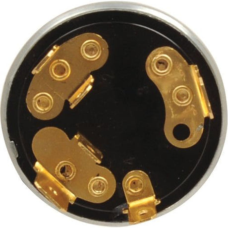 A close-up view of a round electrical connector with three gold-colored contacts against a black background, reminiscent of connectors used in Sparex Ignition Switch (Part No. S.41123).