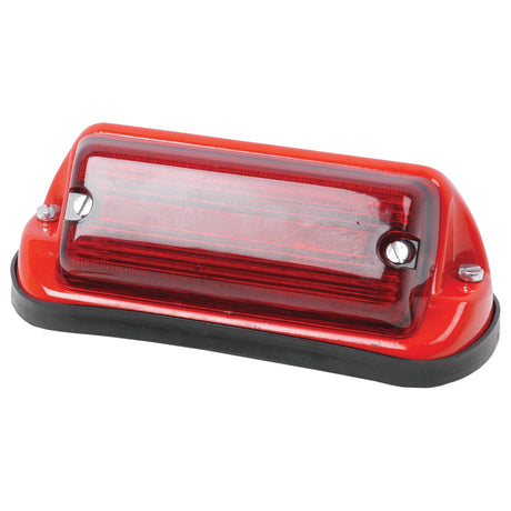 Sparex's Marker Light - Rear Facing (Halogen), RH & LH, 12V - S.41126, is an E Approved red rectangular vehicle tail light mounted on a black base and secured with two screws.