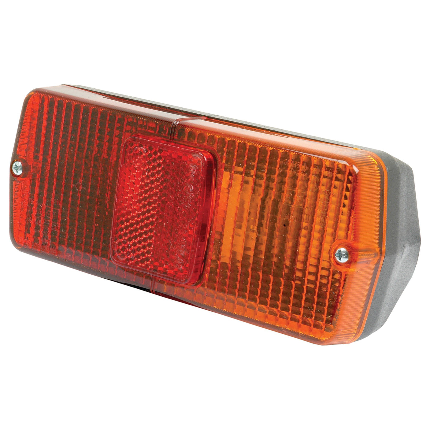 A Sparex Rear Combination Light (Halogen) features an orange outer lens and a red rectangular center lens, both secured with screws on a grey base. It provides three functions: brake, tail, and indicator lights on the right-hand side, operating at 12V - S.41128.