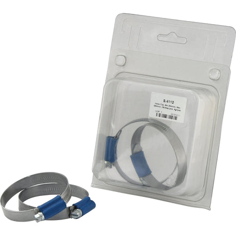 Two Sparex Hose Clips, Min Ø44mm, Max Ø60mm, featuring blue fasteners, with one clip inside clear plastic Agripak packaging and the other outside, against a white background. Sparex Part No. S.4112