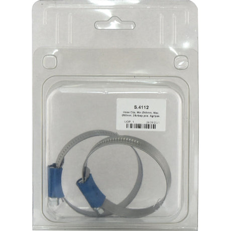 A plastic package contains two metallic worm drive hose clamps with blue screw attachments, labeled "Hose Clip, Min Ø44mm, Max. Ø60mm, 2 pcs. Agripak | Sparex Part No. S.4112".