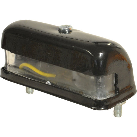 The Number Plate Light (Halogen), 12V, RH & LH - S.41132 by Sparex is a black, rectangular, enclosed light fixture with a transparent section that reveals yellow wiring inside. It features bolts on the bottom for mounting and is compatible with Sparex halogen bulbs.