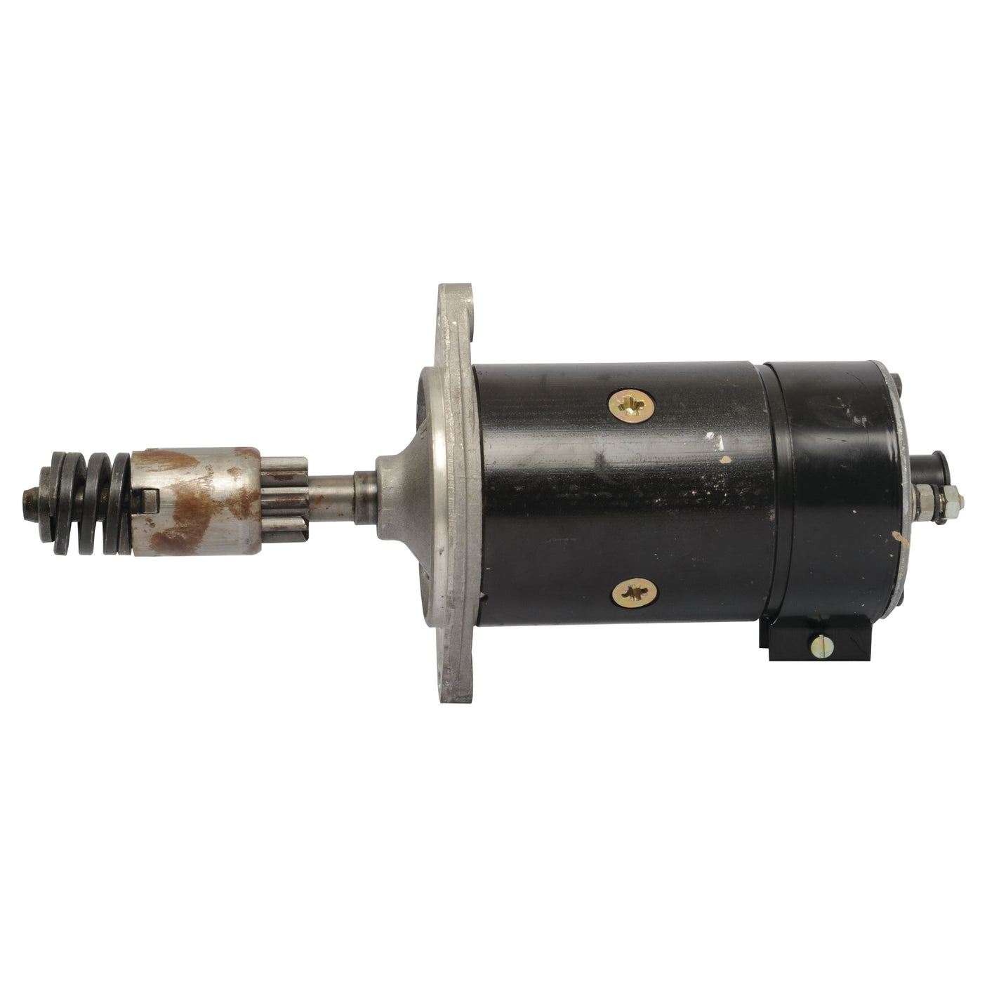 A cylindrical black Starter Motor - 12V, 0.8Kw (Sparex) with a metal mounting plate and gear mechanism, designed specifically for Massey Ferguson machines, available as Sparex Part No.S.41136.