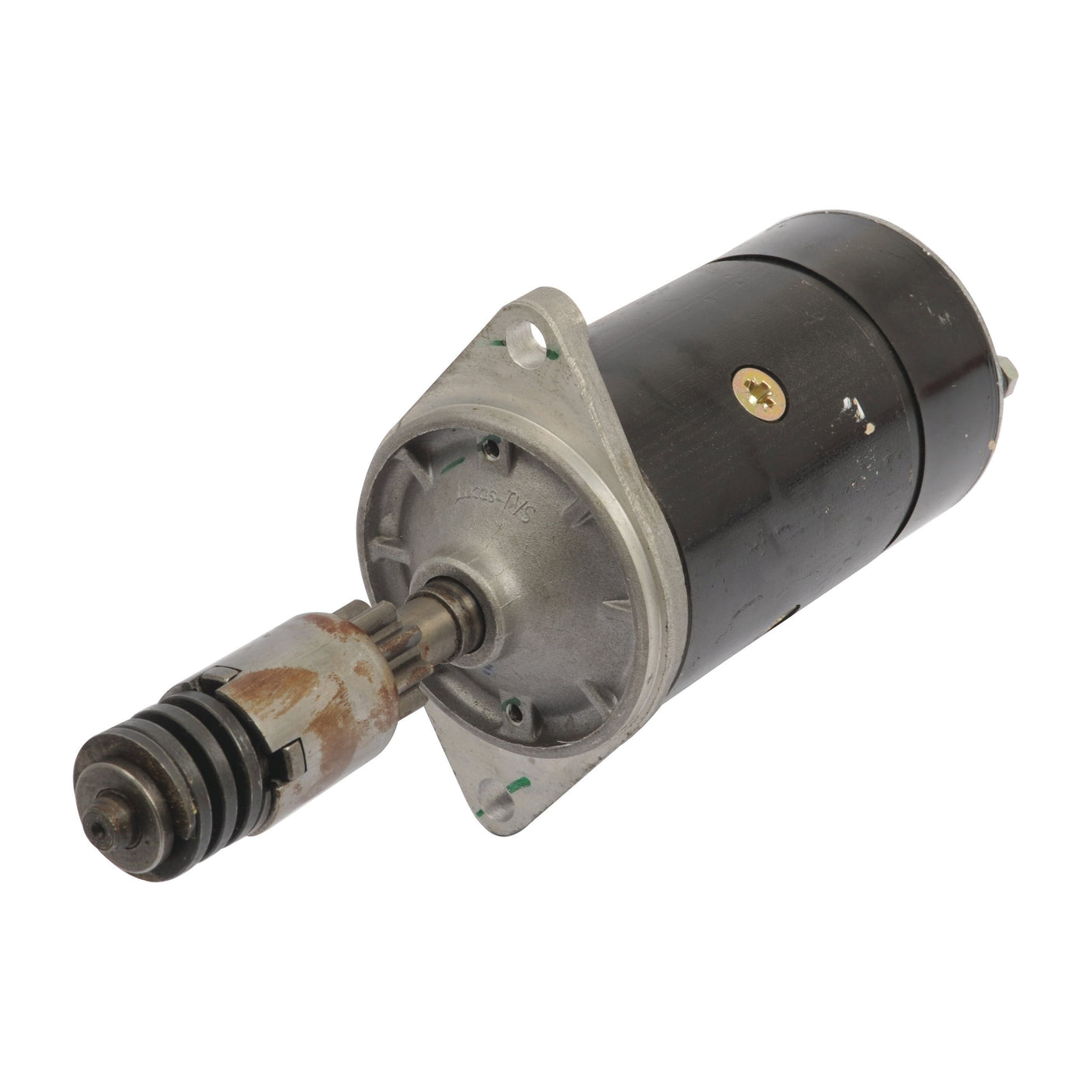 The Sparex Starter Motor - 12V, 0.8Kw (Sparex Part No. S.41136) features a metallic body and a protruding gear shaft designed to engage with an engine's flywheel, ensuring compatibility with Massey Ferguson vehicles.