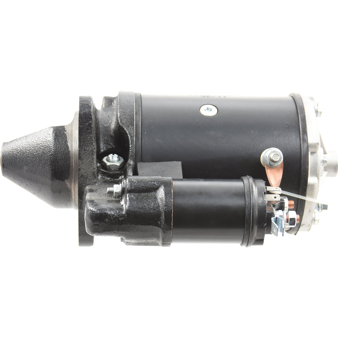 A close-up view of a 12V, 2.8Kw black starter motor (Sparex Part No.S.41138) designed for Massey Ferguson tractors by Sparex.