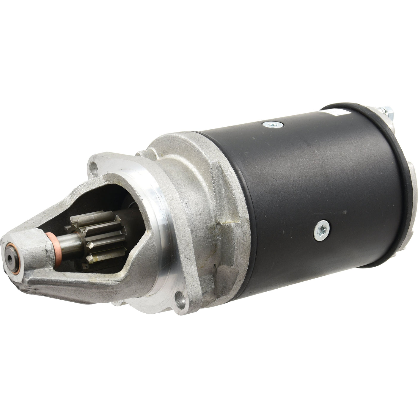 A Sparex Starter Motor - 12V, 2.8Kw (Sparex Part No. S.41141), featuring a metal and black cylindrical design with toothed gears visible on one end.