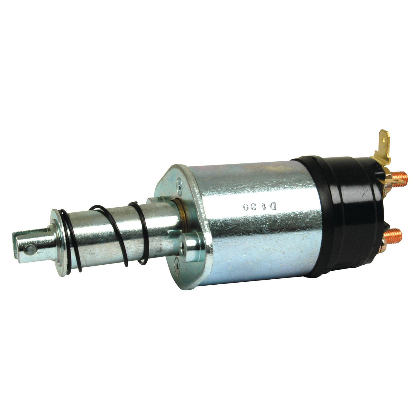 The Starter Solenoid (Sparex Part No. S.41144) is a cylindrical automotive solenoid designed for a 23C Diesel Engine, featuring a metal body, two copper terminals, and a protruding shaft with a black rubber seal and spring. Ideal for Massey Ferguson tractors, this part is available through Sparex.