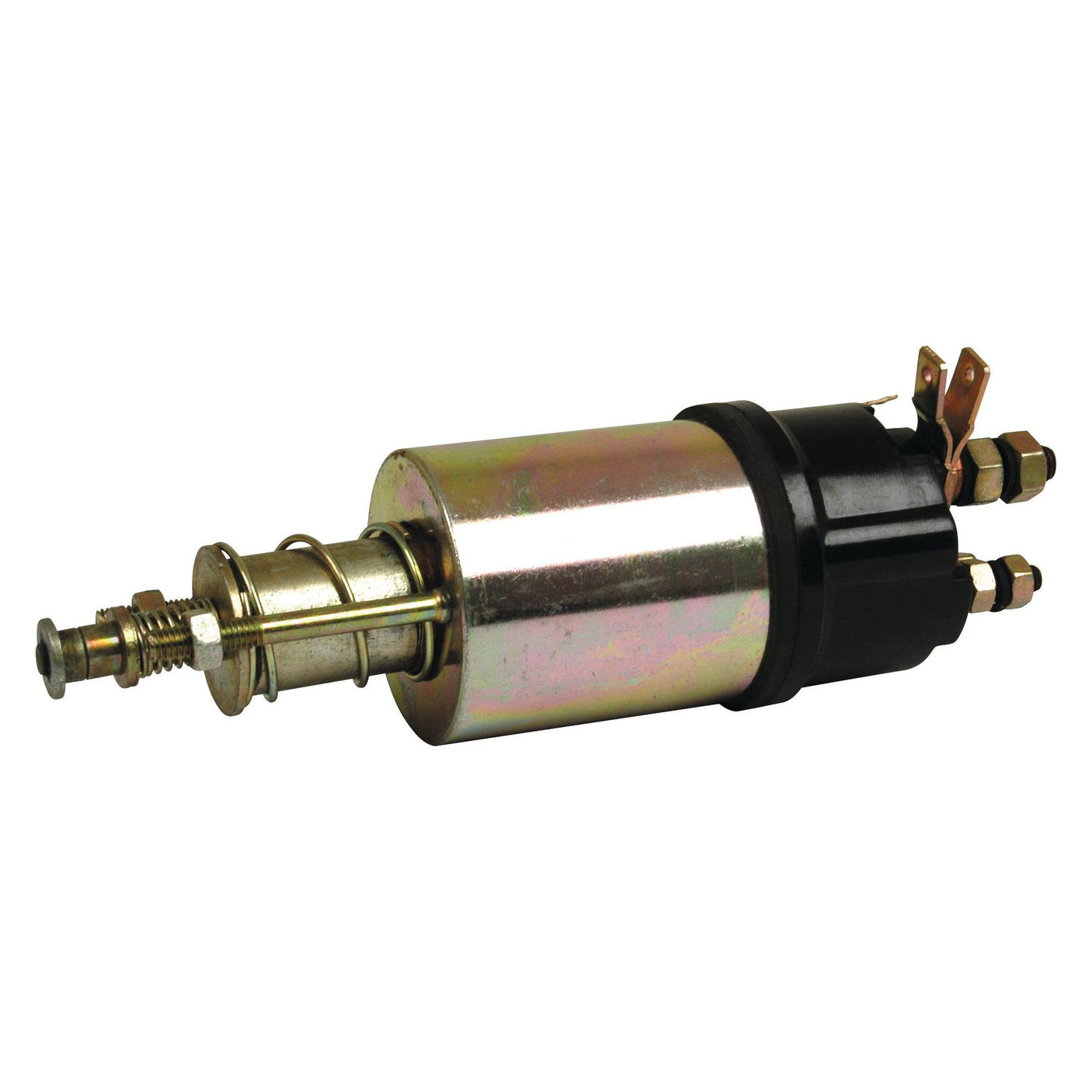 Close-up of an automotive Starter Solenoid | Sparex Part No.S.41146 for Case IH / International Harvester by Sparex. It has a cylindrical metal body with electrical connectors and mounting hardware on one end, a rod extending from the other end, and is rated at 12 volts.