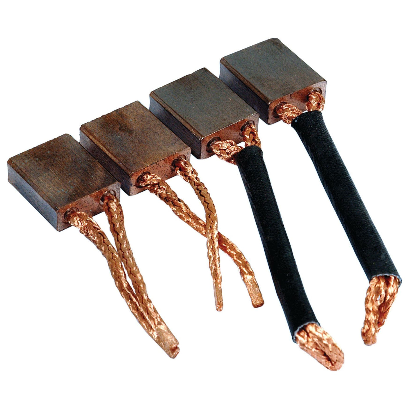 Four rectangular carbon brushes with copper braid terminals and black insulating sleeves are aligned in a row on a white background. This Sparex Brush Set, Part No.S.41153, is compatible with 12V systems and is a reliable product from the Sparex brand.