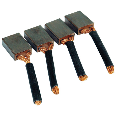 The Sparex Brush Set, part number S.41154, includes four carbon motor brushes with black braided wire ends arranged side by side on a white background. This set is compatible with 12V systems and is ideal for use with Case IH machinery.