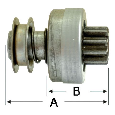 Side view of the Starter Drive Assembly - S.41155, a cylindrical mechanical part marked with sections "A" and "B" for measurement. The Sparex-branded component includes a gear segment and pulley.
