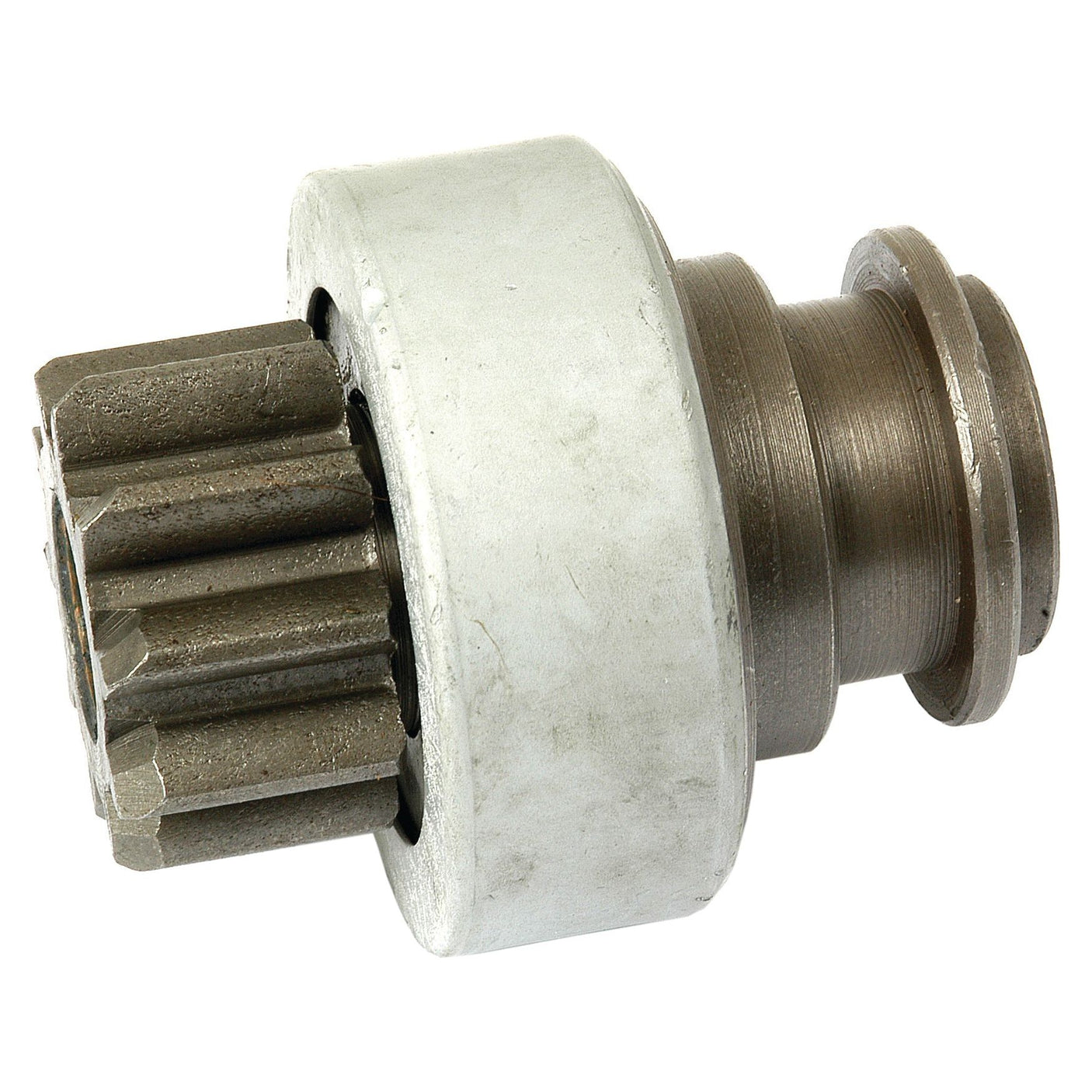 The Starter Drive Assembly - S.41156 by Sparex is a metallic cylindrical gear component that features teeth on one end and a smooth, wider section on the other end, resembling a Drive Pinion.