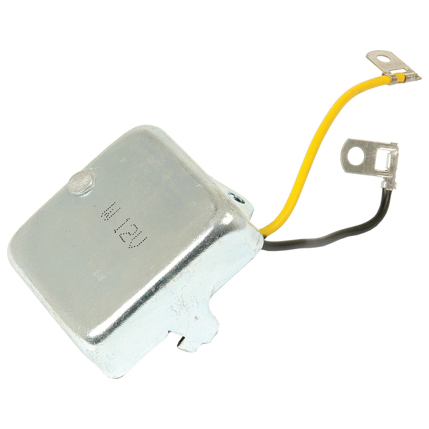 A small metallic Voltage Regulator (Sparex Part No. S.41164) with "12V" engraved on it, is connected to two wires: a yellow wire and a black wire, each ending in a connector.