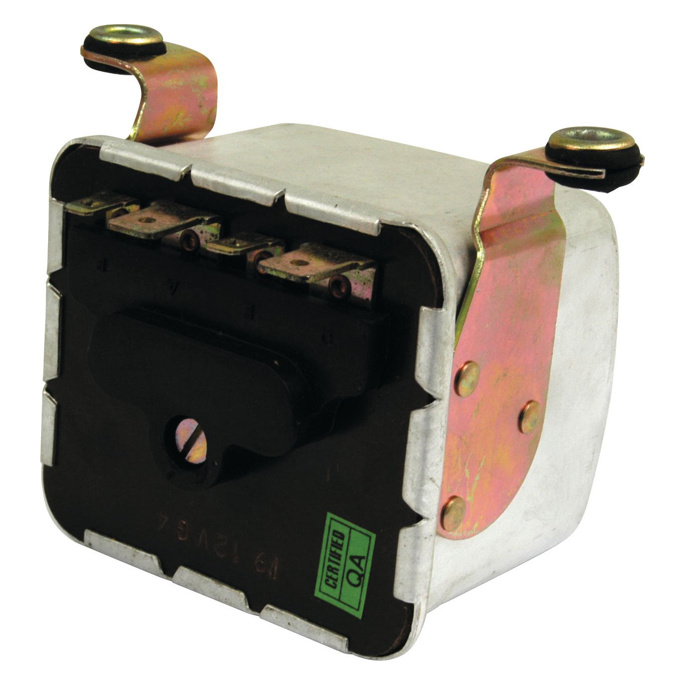 A close-up of a small, metallic electrical component with two gold-colored prongs on either side and three connector terminals on the top, similar to those found in the Sparex Control Box 12V (Sparex Part No. S.41166). A green quality assurance sticker is visible.