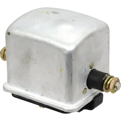 A Control Box 12V (Sparex Part No.S.41167), a rectangular metal electrical component with a rounded top, featuring a bolt and connector on one side, is often utilized in Massey Ferguson machinery for mechanical applications.