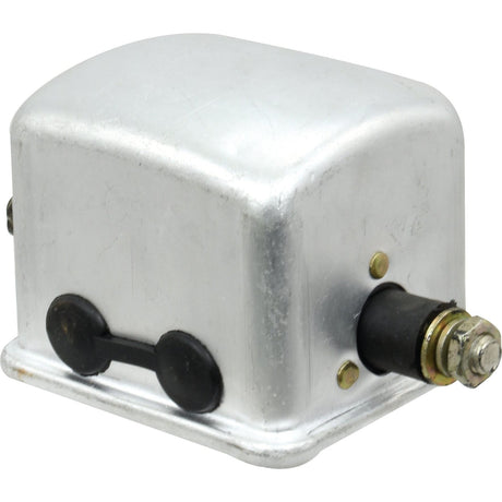 The Sparex Control Box 12V (Sparex Part No. S.41168) is a metal voltage regulator with a rectangular cover, featuring a black grounding screw on one side and a connection terminal with spade connectors on the other, designed specifically for 12V systems.