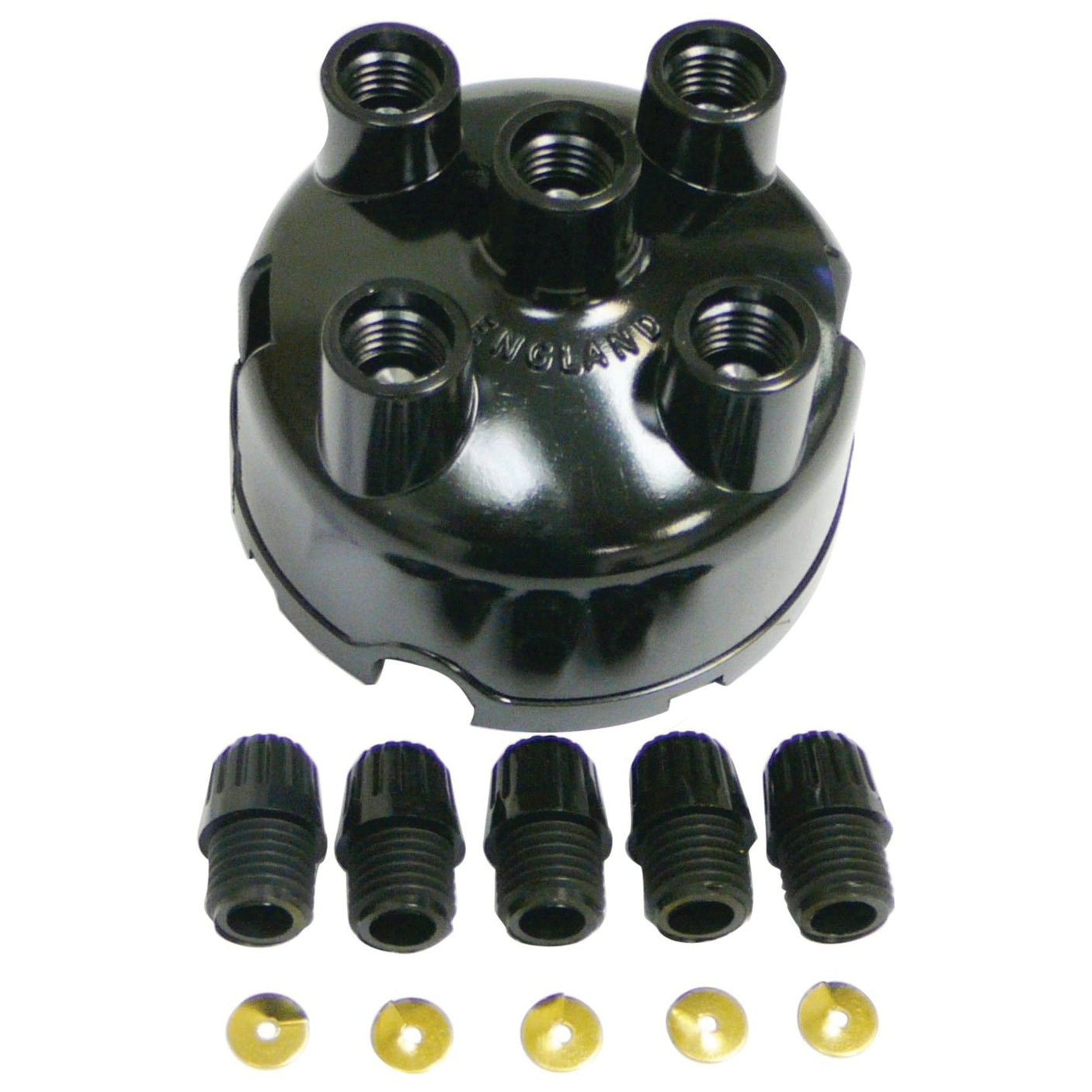 The Distributor Cap (Sparex Part No. S.41169) by Sparex, compatible with Massey Ferguson, features a black distributor cap with six ports, accompanied by six black electrical connectors and six small brass inserts.