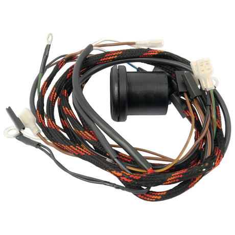 Sparex Wiring Harness | Sparex Part No. S.41170 for Perkins AD3.152, featuring multiple connectors and terminals, a black cylindrical component, and braided insulation in red and black.