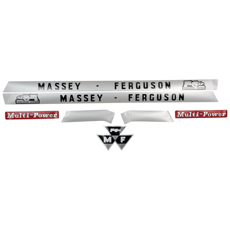 Discover the Decal Set - Massey Ferguson 135/148, Sparex Part No. S.41180 by Sparex, designed especially for Massey Ferguson tractors. This set includes decals for models such as the Massey Ferguson 148 and Massey Ferguson 135 and features a variety of Massey Ferguson logos, Multi-Power labels, and MF emblems all displayed on a white background.