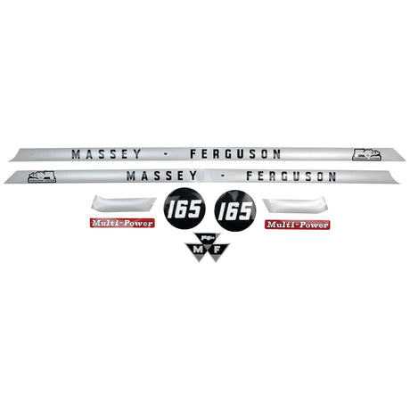 The Decal Set - Massey Ferguson 165 (Sparex Part No. S.41181) from Sparex includes various numbers and logos, such as "165," "Multi-Power," and the Massey Ferguson emblem. This Sparex decal set is perfect for restoring your tractor's original look.