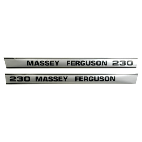 The Decal Set - Massey Ferguson 230, featuring Sparex Part No. S.41187, includes two metallic strips with "MASSEY FERGUSON 230" in black lettering, one of which has the text arranged differently. This Sparex decal set is ideal for restoring or maintaining your Massey Ferguson 230 with authentic branding.