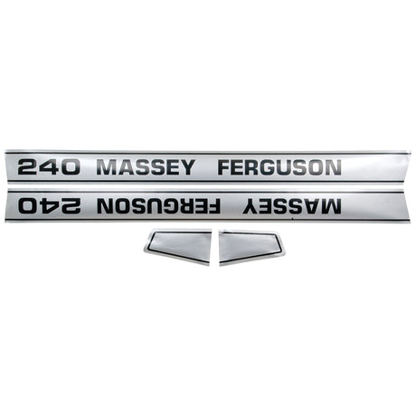 Two metallic nameplates displaying "Massey Ferguson 240" in black text, laid horizontally with small triangular pieces below them—perfect to complement your Sparex Decal Set for the Massey Ferguson 240 (Part No. S.41188).