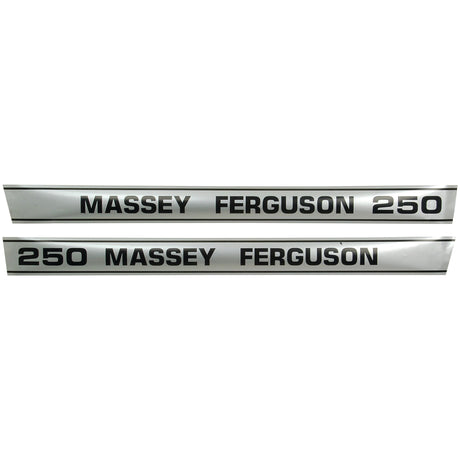 Two metal nameplates displaying "MASSEY FERGUSON 250" in bold black letters, shown in two different orientations. Ideal for those seeking a Sparex Decal Set replacement (Sparex Part No. S.41189).