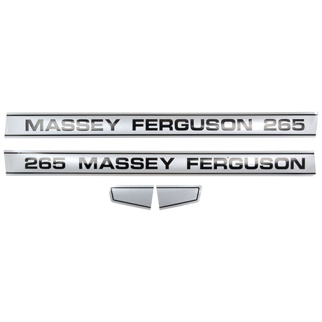 The Sparex Decal Set - Massey Ferguson 265 (Part No. S.41190) features labels with "MASSEY FERGUSON 265" and "265 MASSEY FERGUSON," along with two additional triangular pieces, likely for application on equipment or machinery, ensuring your Massey Ferguson 265 maintains its distinct branding.