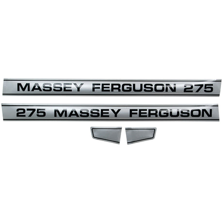 The Sparex Decal Set - Massey Ferguson 275 (Sparex Part No. S.41191) features "MASSEY FERGUSON 275" text in black on a silver background, with additional small triangular pieces. This high-quality Sparex decal set ensures your tractor stands out while staying true to its original design.