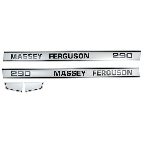 The Decal Set - Massey Ferguson 290 (Sparex Part No. S.41192) offered by Sparex includes two long rectangular decals with the "Massey Ferguson 290" text and one small triangular decal, all featuring black lettering on a white background.