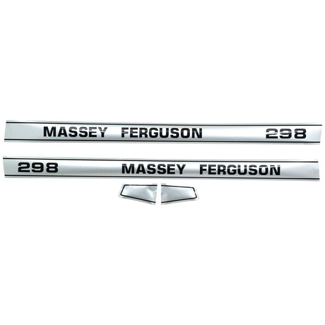 Two silver and black Massey Ferguson 298 tractor decals are displayed. One piece is segmented into two parts, making this Decal Set - Massey Ferguson 298 | Sparex Part No.S.41193 by Sparex a must-have for restoration projects.