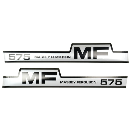 The Sparex Decal Set for Massey Ferguson 575 Tractors (Part No. S.41195) includes two black and white decals featuring a prominent "MF" and the text "MASSEY FERGUSON 575." This set is ideal for restoring your 575 model to its original appearance.