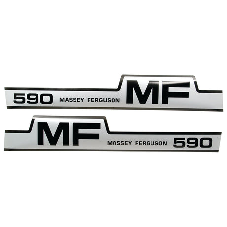 The Decal Set for Massey Ferguson 590, Sparex Part No. S.41197, includes two white decals featuring large black "590" and "MF" letters, along with smaller black "Massey Ferguson" text. This Sparex decal set provides the perfect replacement for your equipment.