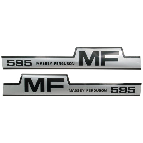 Two Massey Ferguson 595 metallic decals with black text on a silver background, perfect for agricultural machinery branding. This Sparex Decal Set - Massey Ferguson 595 (Sparex Part No.S.41198) ensures your equipment stands out with style and durability.