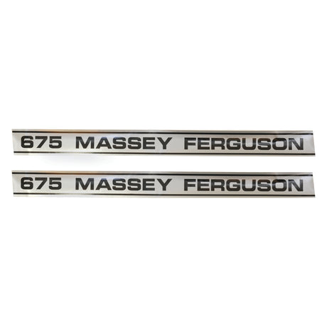 Two horizontal stickers for a Massey Ferguson 675 tractor with black text on a silver background from the Sparex Decal Set (Sparex Part No. S.41199).